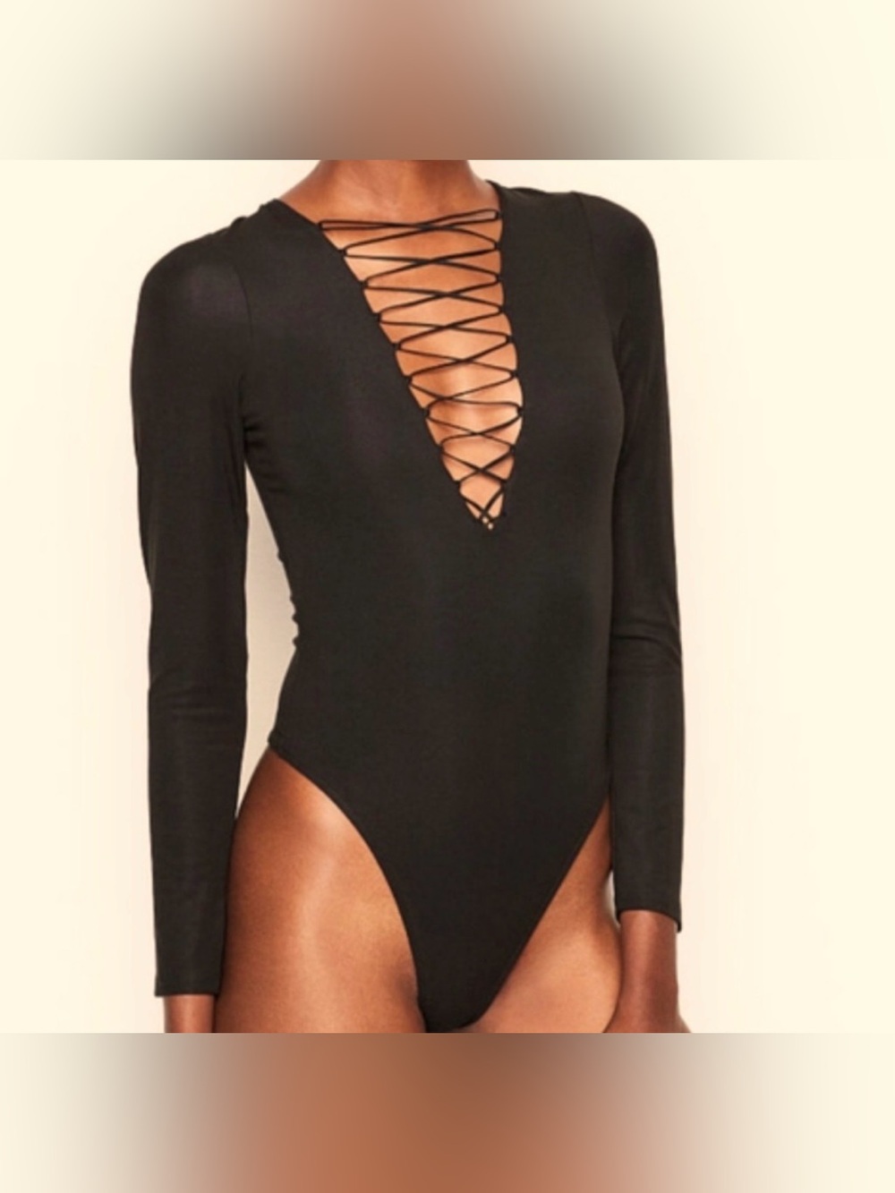 Victoria’s Secret Black Lace-Up Front Long Sleeve Bodysuit – Small